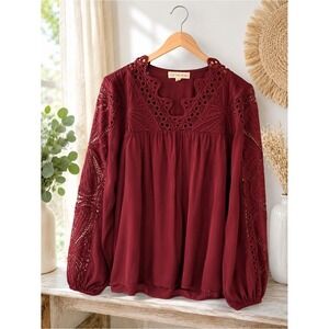 Cactus + Pearl Burgundy Crochet Lace Long Sleeve Blouse Scallop Neck Boho Small
